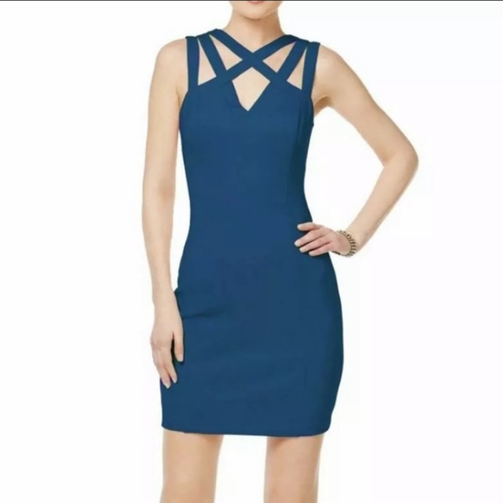 Guess Caged Strap Scuba Bodycon Dress—Blue, Size 2